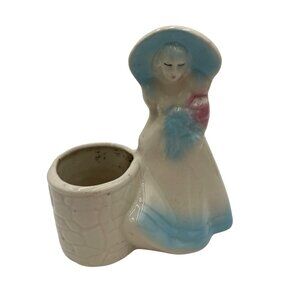 Vintage Ceramic Lady Planter Figurine With Bonnet & Floral Basket